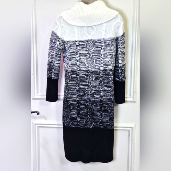 Studio One New York Black & White Cowl Neck Cable Knit Sweater Dress, Medium - Picture 3 of 16